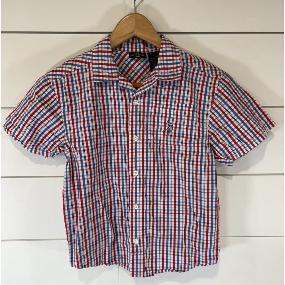 U.S. Polo Assn. Boys Youth Plaid Short Sleeve Button-Up Shirt 7X Red White Blue